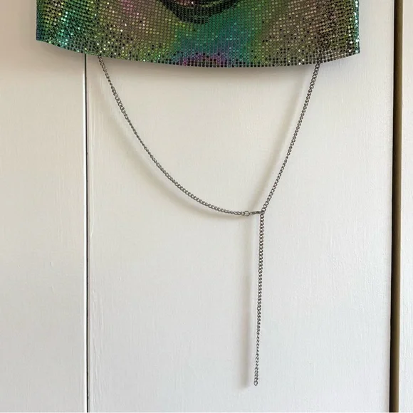 Rainbow Multicolor Chainmail Cowl Neck Crop Top Size Small - Picture 2 of 13